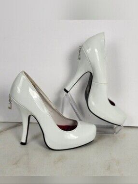 Penthouse White Patent Charm Detail Platform Fetish Heels Pumps, Sz 5